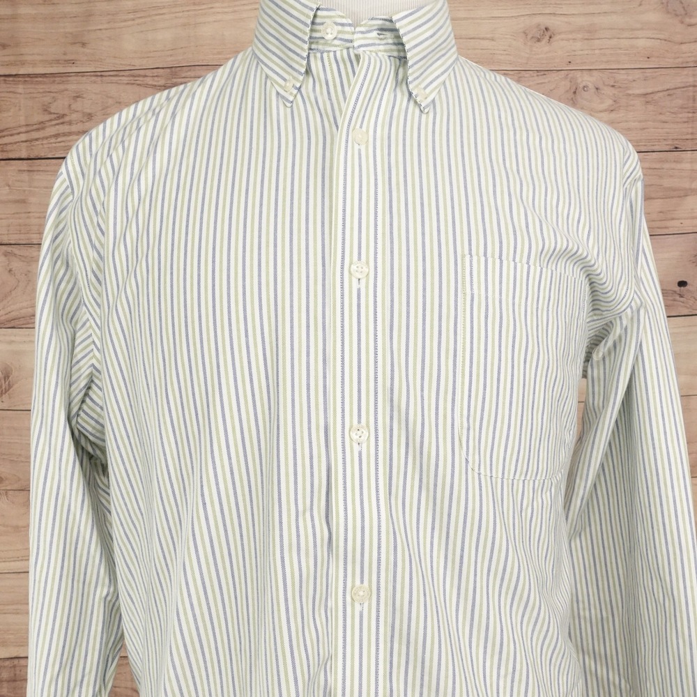 Lands End Oxford Shirt Mens 16.5 35 Blue Green Stripe Excellent Supima No Iron